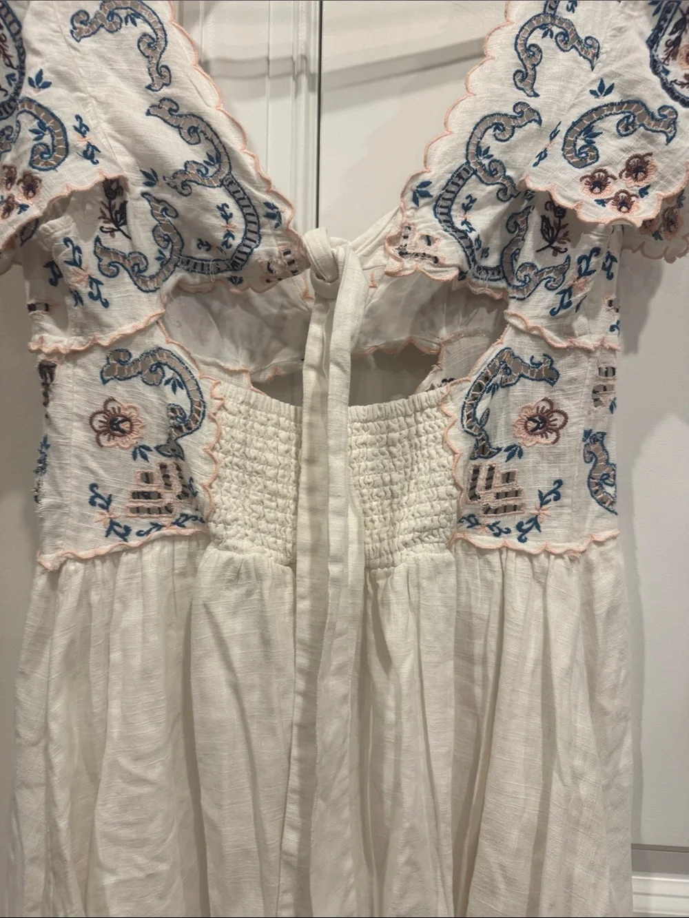 Free People White Mini Dress with Blue and Pink Paisley Embroidery